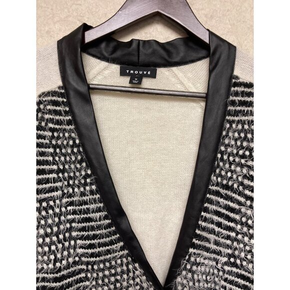 Trouve White Black Angora Faux Leather Trim Cardigan Sweater Women's Size Medium - Picture 2 of 9